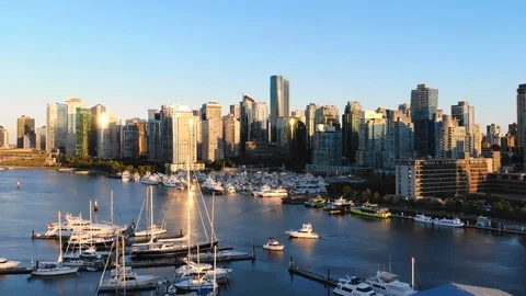 Aerial View of Coal Harbour Marina and Downtown Buildings in Vancouver, Canada Stock Footage