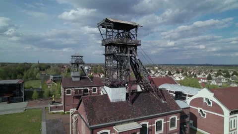 Aerial view of coal mine tower Stock Footage