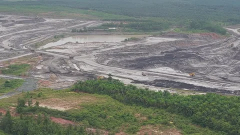 Aerial view of coal mining area surrounded by oil palm plantations Stock Footage 331727917