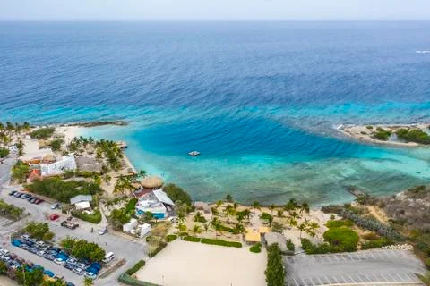 Aerial view of coast of Curacao in the Caribbean Sea with turquoise water, beach Stock Photos