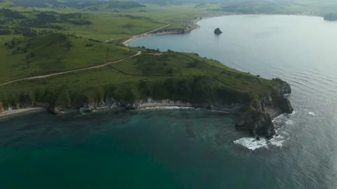 Aerial view, Coast, Rock's Cliffs, Islands, Mountains, Pacific Ocean Stock Footage 163095017