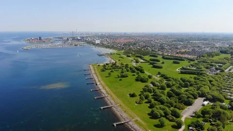 Aerial view of coastal area of Malmo, seascape of Baltic Sea, Sweden from above Stock-Footage 90355725