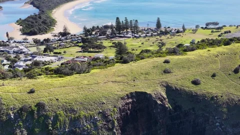 Aerial View of Coastal Cliffs and Crescent Head Township Vídeos de archivo 341909794