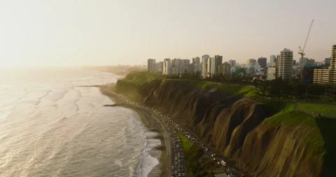 Aerial view of coastal cliffs and skyline in Lima, Peru. Stock Footage 345003913