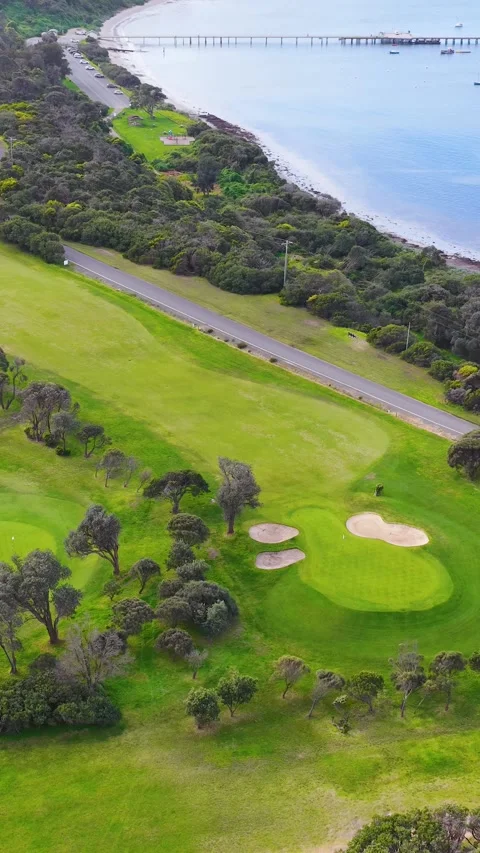 Aerial View of Coastal Golf Course and Ocean Shoreline Stock Footage 345767684