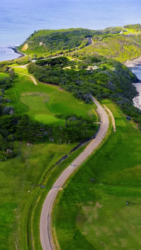 Aerial View of Coastal Golf Course Fairway in Mornington Peninsula Stock Footage 345783862