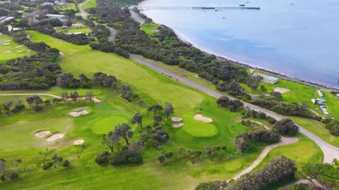 Aerial View of Coastal Golf Course Beside Ocean in Flinders Australia Stock Footage 346194896