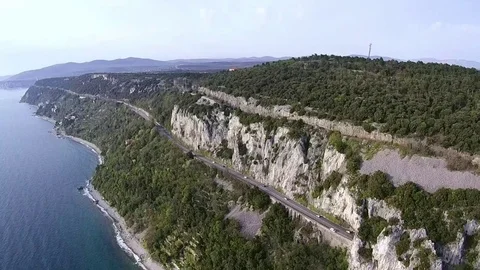 Aerial view of Coastal road. Drone flying along coast near Trieste Italy Stock Footage 80908112