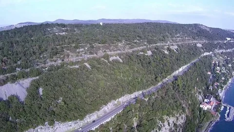 Aerial view of Coastal road. Drone flying along coast near Trieste Italy Stock Footage 80908167