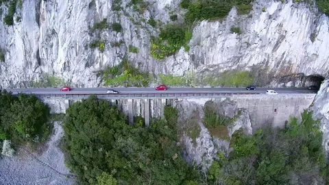 Aerial view of Coastal road. Drone flying along coast near Trieste Italy Stock Footage 80908296