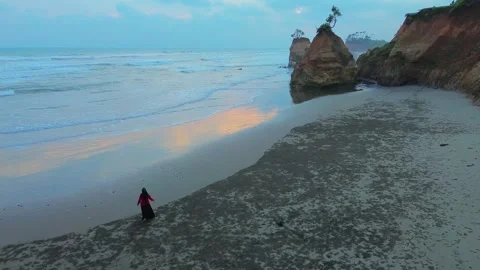 Aerial view of coastal rock formations on a beach in Indonesia. Stock Footage 340341855