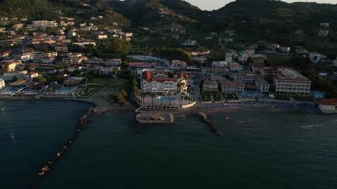 Aerial view of the coastal town of Argassi at sunset, Greece. Stock Footage 342189838