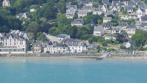 Aerial view of the coastal town of Binic in Brittany, France, showing a scenic Stock Footage 346719939