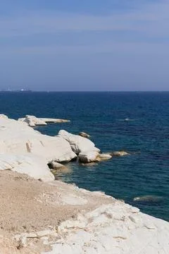 Aerial view of coastline and landmark big white chalk rock at Governor's beach Stock Photos