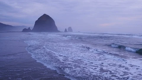 Aerial view of coastline toward Haystack Rock at sunrise on the Oregon Coast Vidéo 108408451