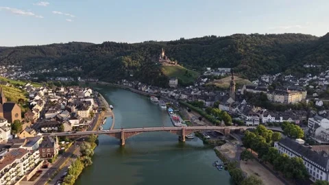 Aerial view of Cochem and a bridge over the Moselle River in Germany Stock Footage 342335608