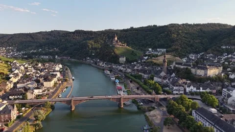 Aerial View of Cochem Bridge, Moselle River and Reichsburg Castle Stock Footage 342335444