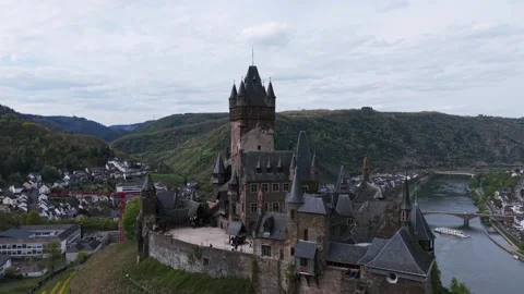 Aerial View of Cochem Castle and Moselle River in Germany Stock Footage 346756084