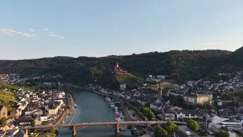 Aerial View of Cochem, Moselle River and Reichsburg Castle Stock Footage 342335371