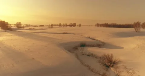Aerial view of cold arctic field landscape, trees with frost snow, ice river and Stock Footage 156787201