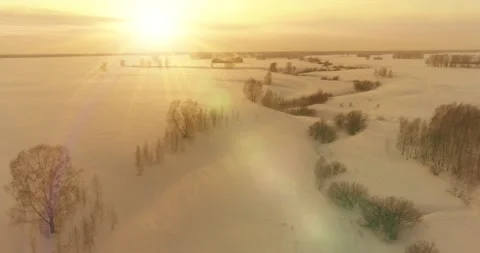 Aerial view of cold arctic field landscape, trees with frost snow, ice river and Stock Footage 165571409