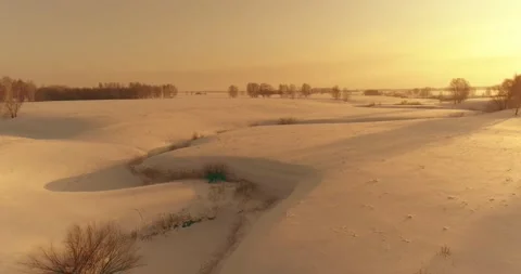 Aerial view of cold arctic field landscape, trees with frost snow, ice river and Stock Footage 169967971