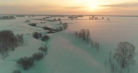 Aerial view of cold arctic field landscape, trees with frost snow, ice river and Video stock 169969649