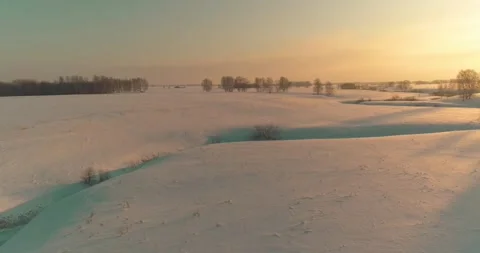 Aerial view of cold arctic field landscape, trees with frost snow, ice river and Stock Footage 307380130