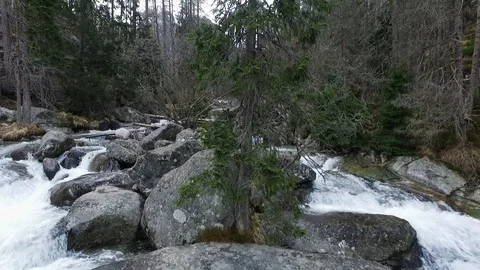 Aerial view of a cold river in High Tatras Mountains Stock Footage 126097459