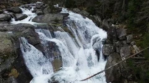 Aerial view of a cold small waterfall in High Tatras Mountains Stock Footage 126098802
