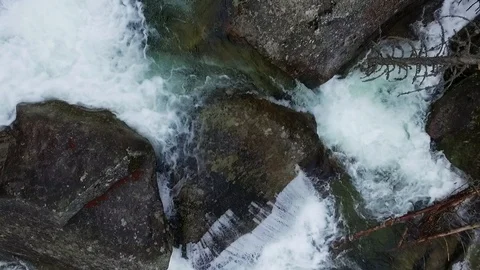 Aerial view of a cold small waterfall in High Tatras Mountains Video stock 126098898
