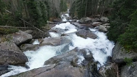 Aerial view of a cold small waterfalls and river in High Tatras Mountains Stock Footage 126099207