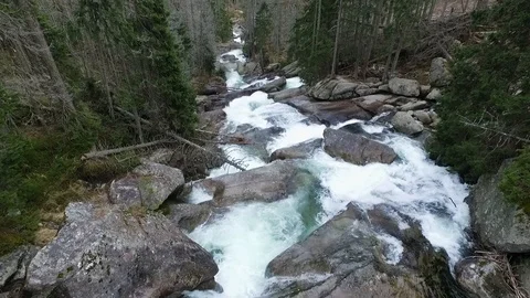 Aerial view of a cold waterfall in High Tatras Mountains Stock Footage 126098588