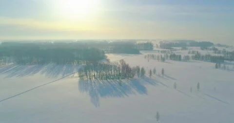 Aerial view of cold winter landscape arctic field, trees covered with frost snow Stock Footage 156788574