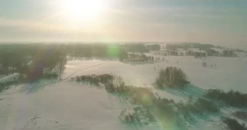 Aerial view of cold winter landscape arctic field, trees covered with frost snow Stock Footage 156788862