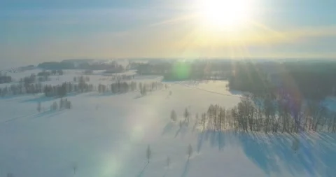 Aerial view of cold winter landscape arctic field, trees covered with frost snow Stock Footage 156789226