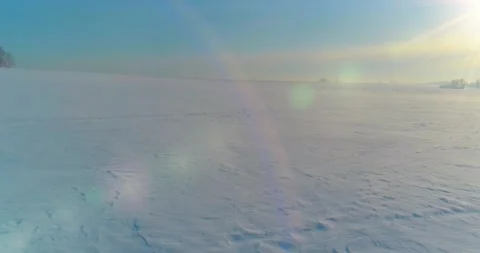Aerial view of cold winter landscape arctic field, trees covered with frost snow Stock Footage 156791367