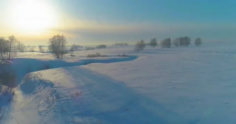 Aerial view of cold winter landscape arctic field, trees covered with frost snow Stock Footage 156792128