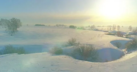 Aerial view of cold winter landscape arctic field, trees covered with frost snow Stock Footage 156792207