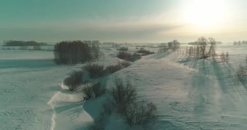 Aerial view of cold winter landscape arctic field, trees covered with frost snow Stock Footage 156792813