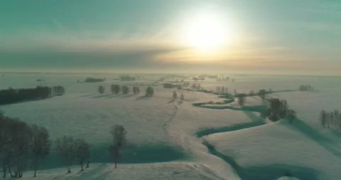 Aerial view of cold winter landscape arctic field, trees covered with frost snow Stock Footage 156793227