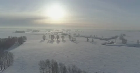 Aerial view of cold winter landscape arctic field, trees covered with frost snow Stock Footage 156793547