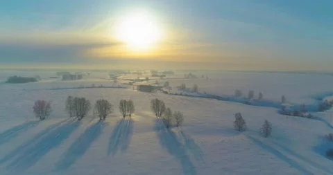 Aerial view of cold winter landscape arctic field, trees covered with frost snow Stock Footage 156794496