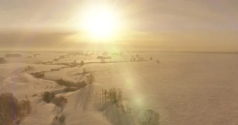 Aerial view of cold winter landscape arctic field, trees covered with frost snow Stock Footage 156794912