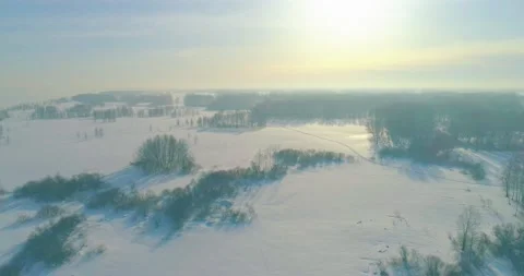Aerial view of cold winter landscape arctic field, trees covered with frost snow Stock Footage 165572002