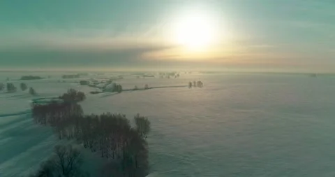 Aerial view of cold winter landscape arctic field, trees covered with frost snow Stock Footage 165574168
