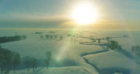Aerial view of cold winter landscape arctic field, trees covered with frost snow Stock Footage 169973874
