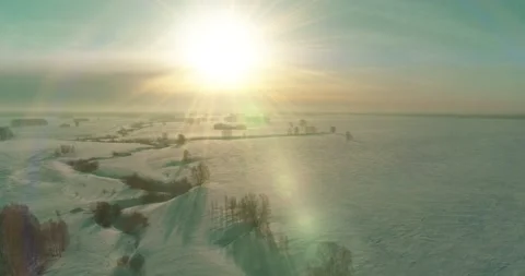 Aerial view of cold winter landscape arctic field, trees covered with frost snow Stock Footage 169974619