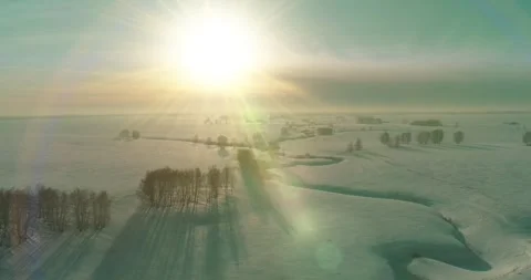 Aerial view of cold winter landscape arctic field, trees covered with frost snow Stock Footage 252085241