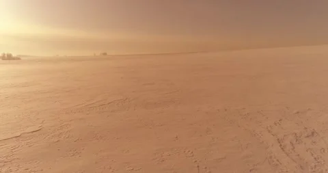 Aerial view of cold winter landscape arctic field, trees covered with frost snow Stock Footage 287294705